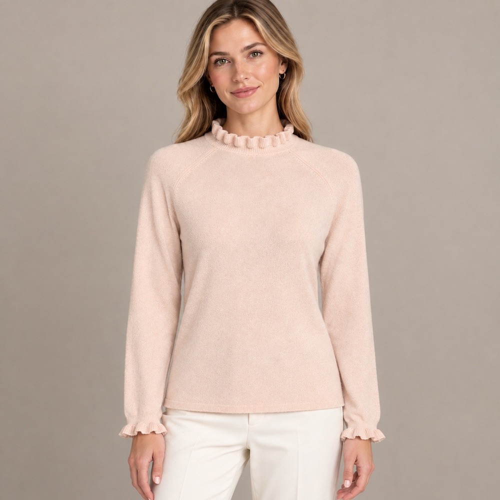 Garnet Hill 100% Cashmere Ruffle Mock Neck Sweater Small Pink Peach Office NWT